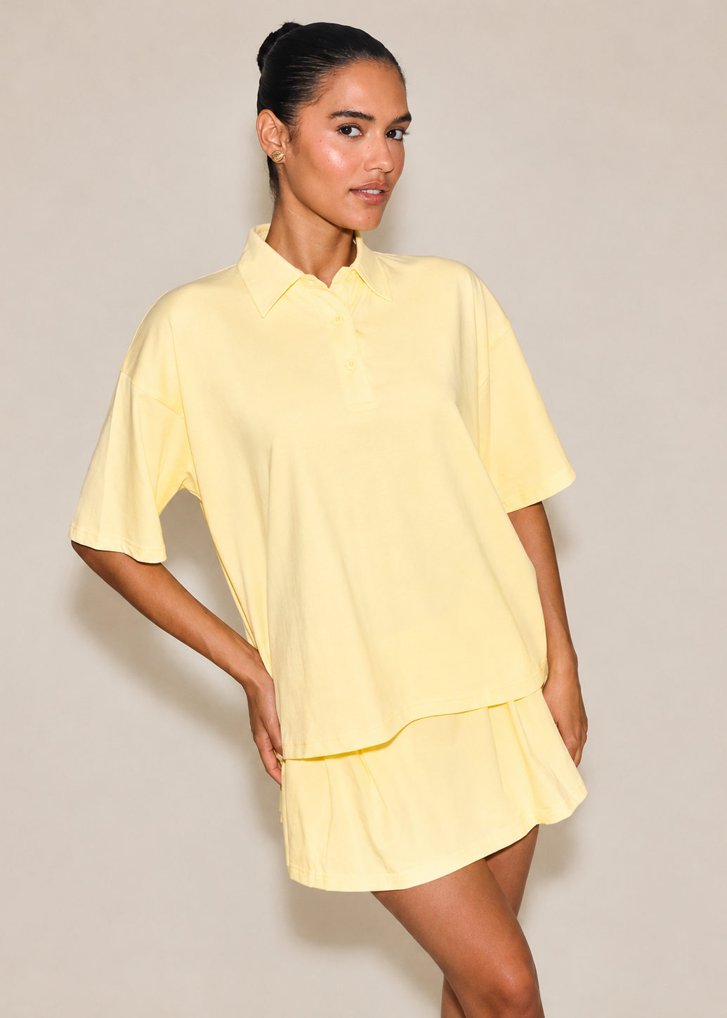 Oversized Polo Sweatshirt & Mid Rise Ribbed Sweat Mini Skirt Set