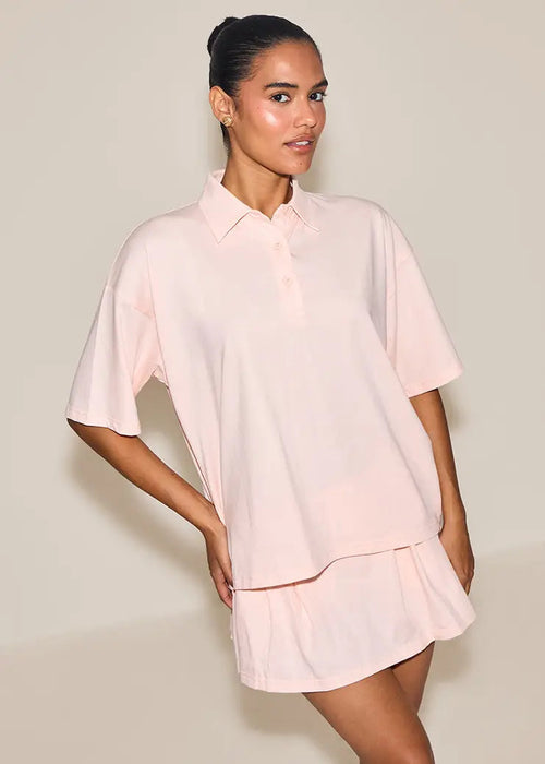 Oversized Polo Sweatshirt & Mid Rise Ribbed Sweat Mini Skirt Set